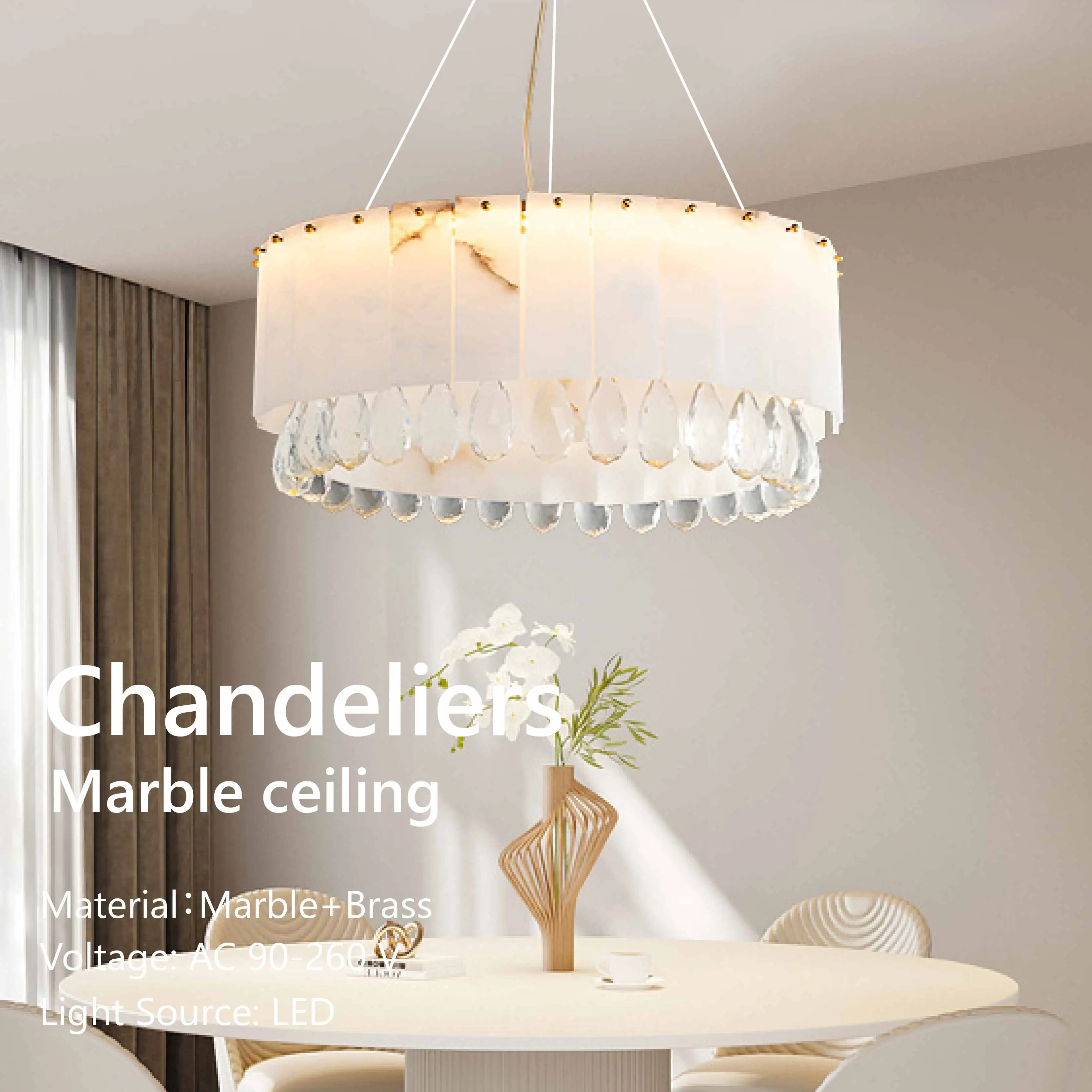 Modern Spanish Marble Round Lamp with K9 Crystal Pendants Brass Lustre 3 Color Dimmable Lighting Hotel Restaurant Ceilings