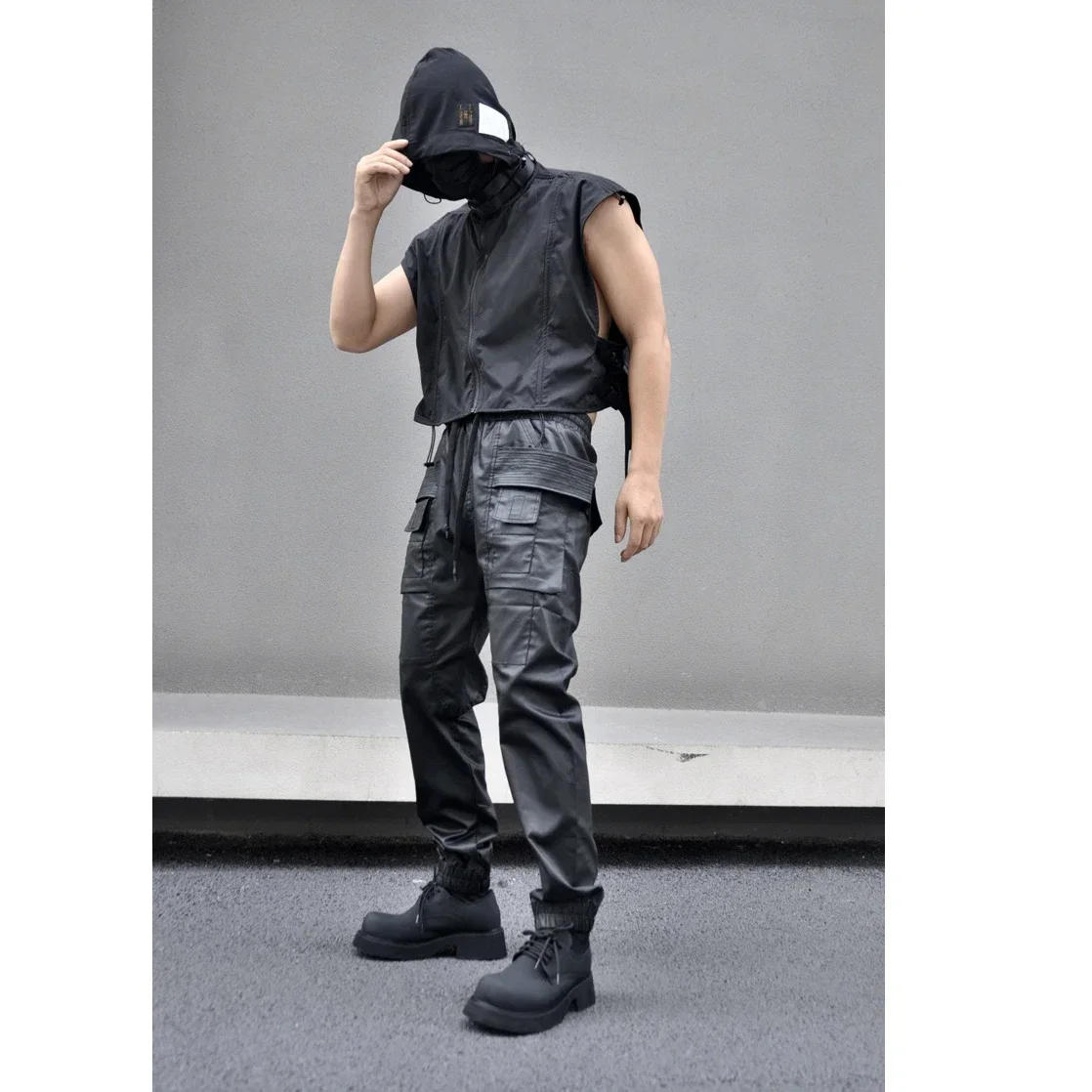 Autumn And Winter Dark Wind Coated Waxy Double Ring Pants multi-pocket Cargo Pants men's Straight Leg Casual Pants Trend