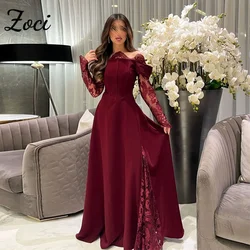 Zoci Elegant Burgundy Lace Prom Dresses Off Shoulder Long Sleeve Saudi Formal Evening Party Gown vestidos de festa Customized