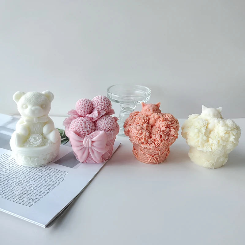 3D Bear Kitten Flower Basket Design Silicone Mold DIY Wax Candle Resin Gypsum Craft Molds Chocolate Mousse Cake Decoration Mould