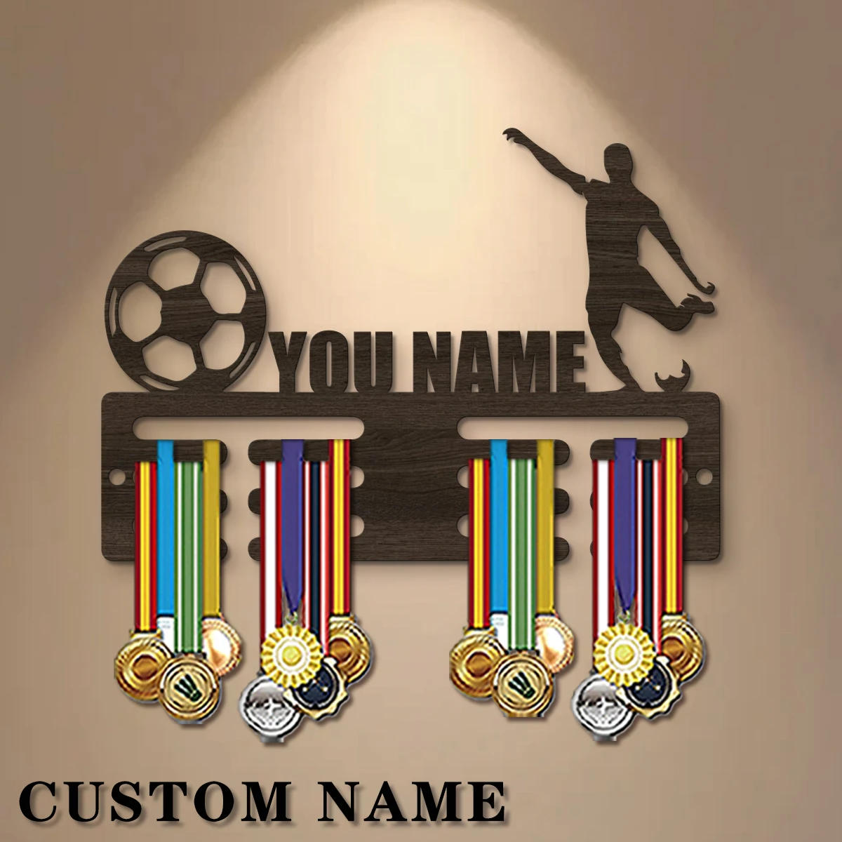 1pc Custom Football Wooden Medal Hanger, Personal Medal Display Rack for Athletes, Ideal Wedding Birthday Gift for Family Friend