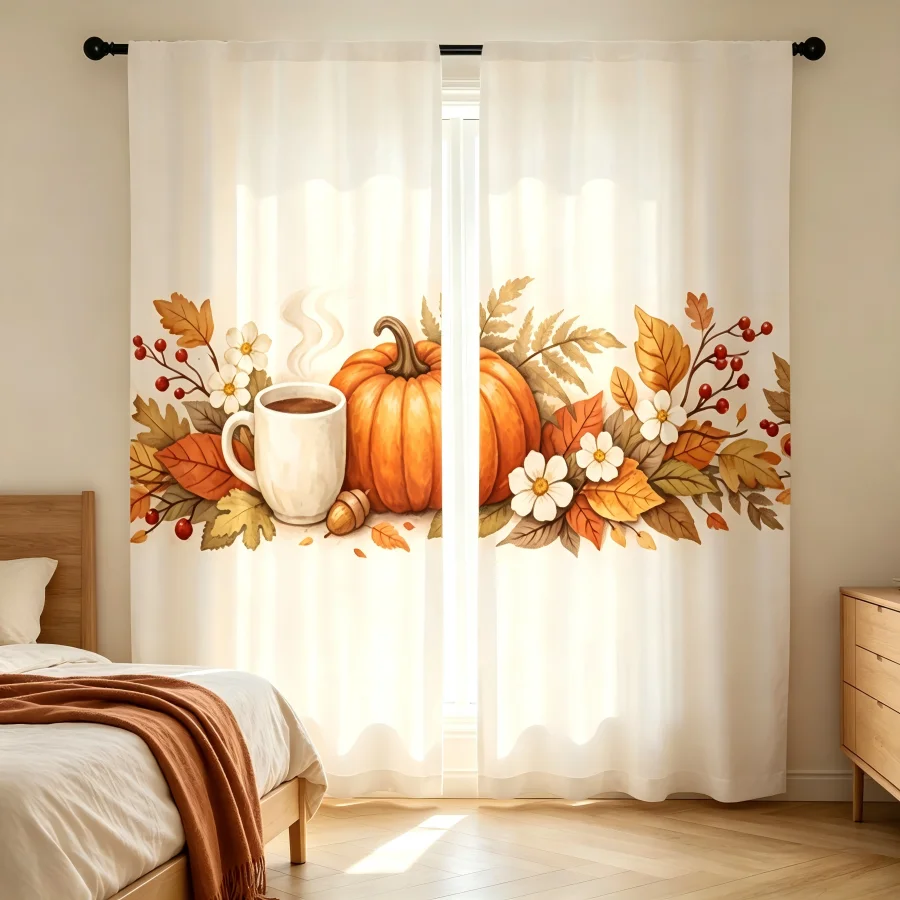 2PCS Digital Print Curtain, Coffee Brown Pumpkins Pattern, Autumn Harvest Warm Rustic Farm Style for Living Room Bedroom Decor