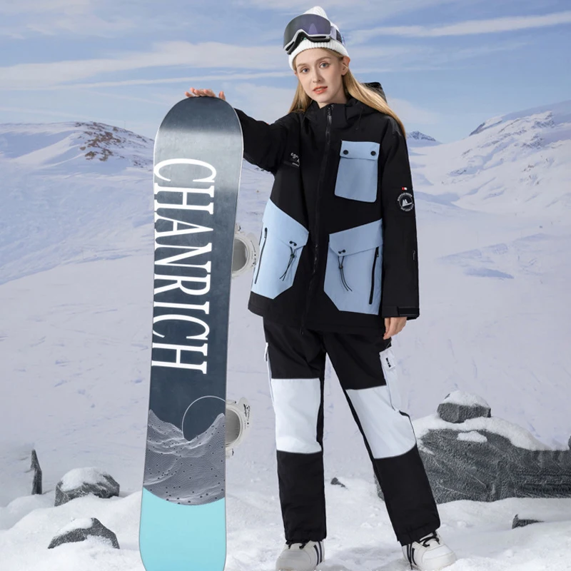 Fashion Colors Man's or Women's Ice Snow Suit Sets Snowboarding Clothing Ski Costumes Waterproof Winter Wear Jackets Strap Pants