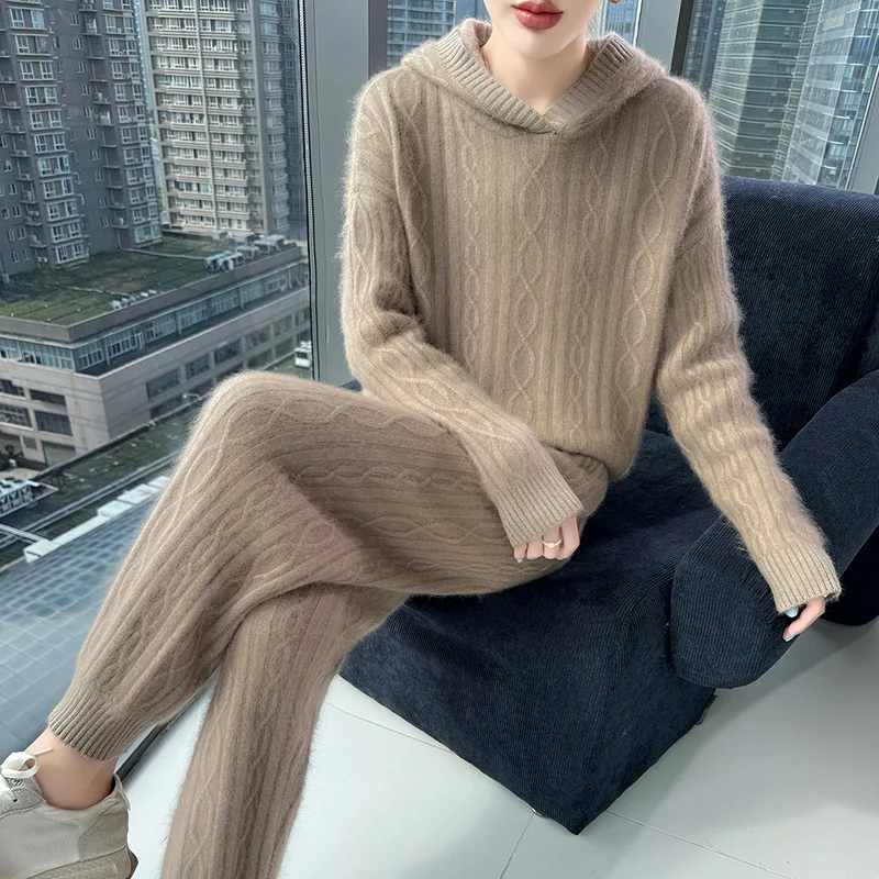 2026 New Autumn Winter Women's Hooded Pullover Pants Set 100% Pure Mink Cashmere Classic Sports Sweater Elastic Waist Slim Pants