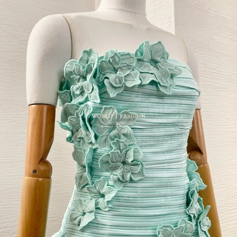 純綿2025新作ブルー袖なし花柄アップリケ女性用ホリデーミニドレス