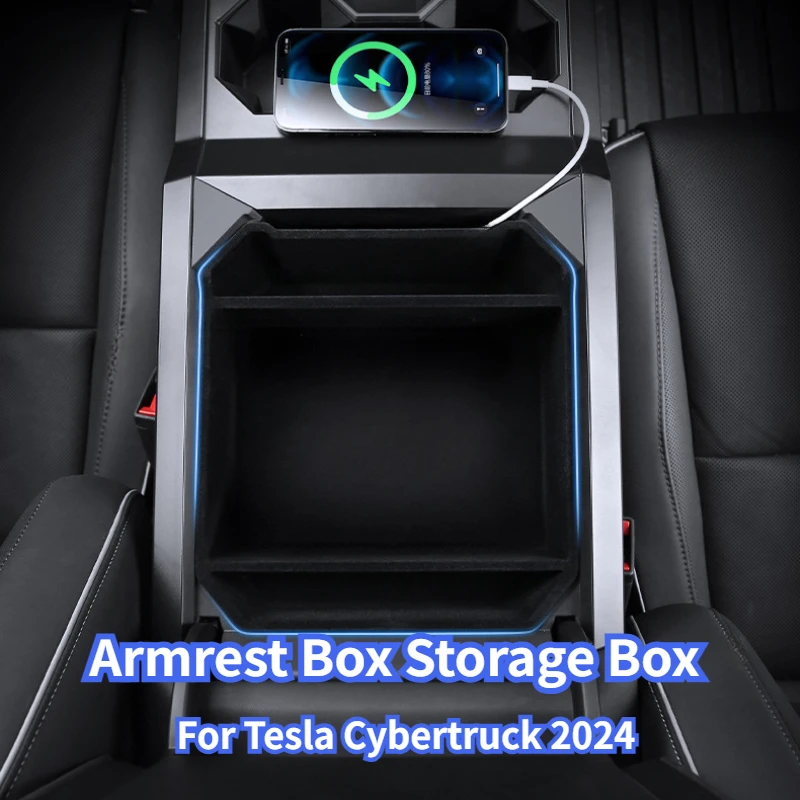 Armrest Storage Box for Tesla Cybertruck 2024 TPE/ ABS Flocking Waterproof Storage Box Organizer Accessories for Cyber Pickup