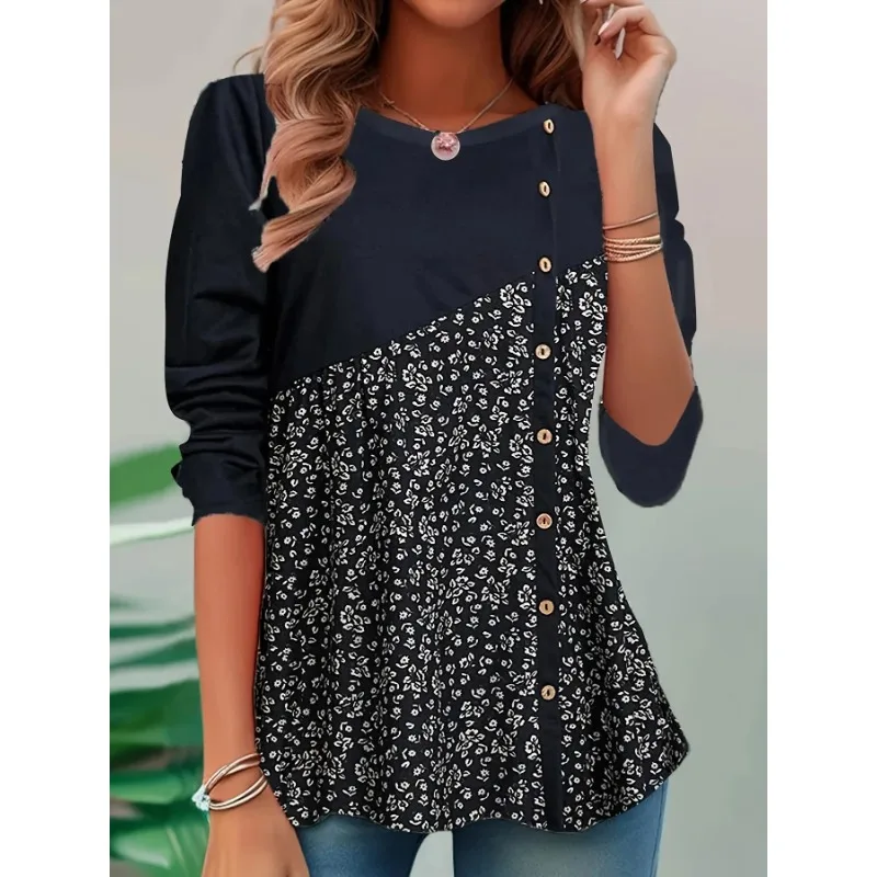 

Плюс размер 1XL-5XL, новая женская свободная повседневная футболка с цветочным принтом и пуговицами, женская модная мягкая футболка с длинным рукавом