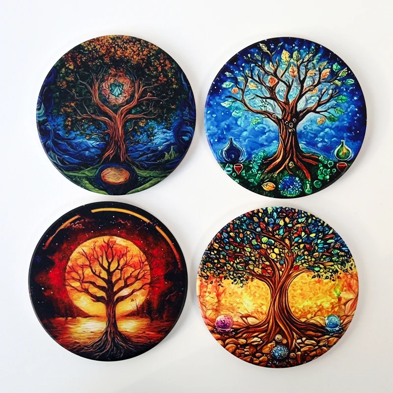 

4PCS Ceramic Coasters Cork Tree of Life Non-slip Absorbent Mat High Temperature Resistant Drink Cup Mats Kitchen Decoration