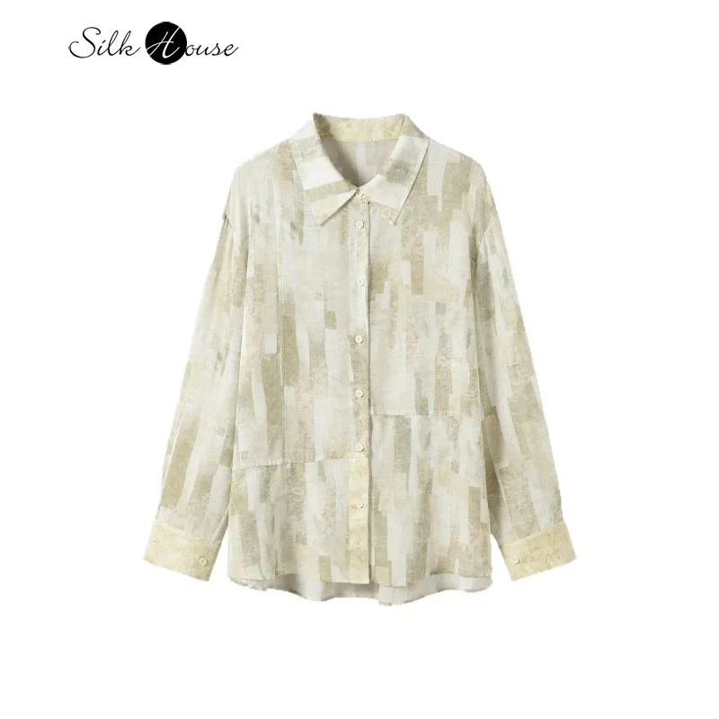

2025 Women's Early Autumn New French 100% Natural Mulberry Silk Crepe De Chine Printed Long Sleeve Commuting Office Shirt