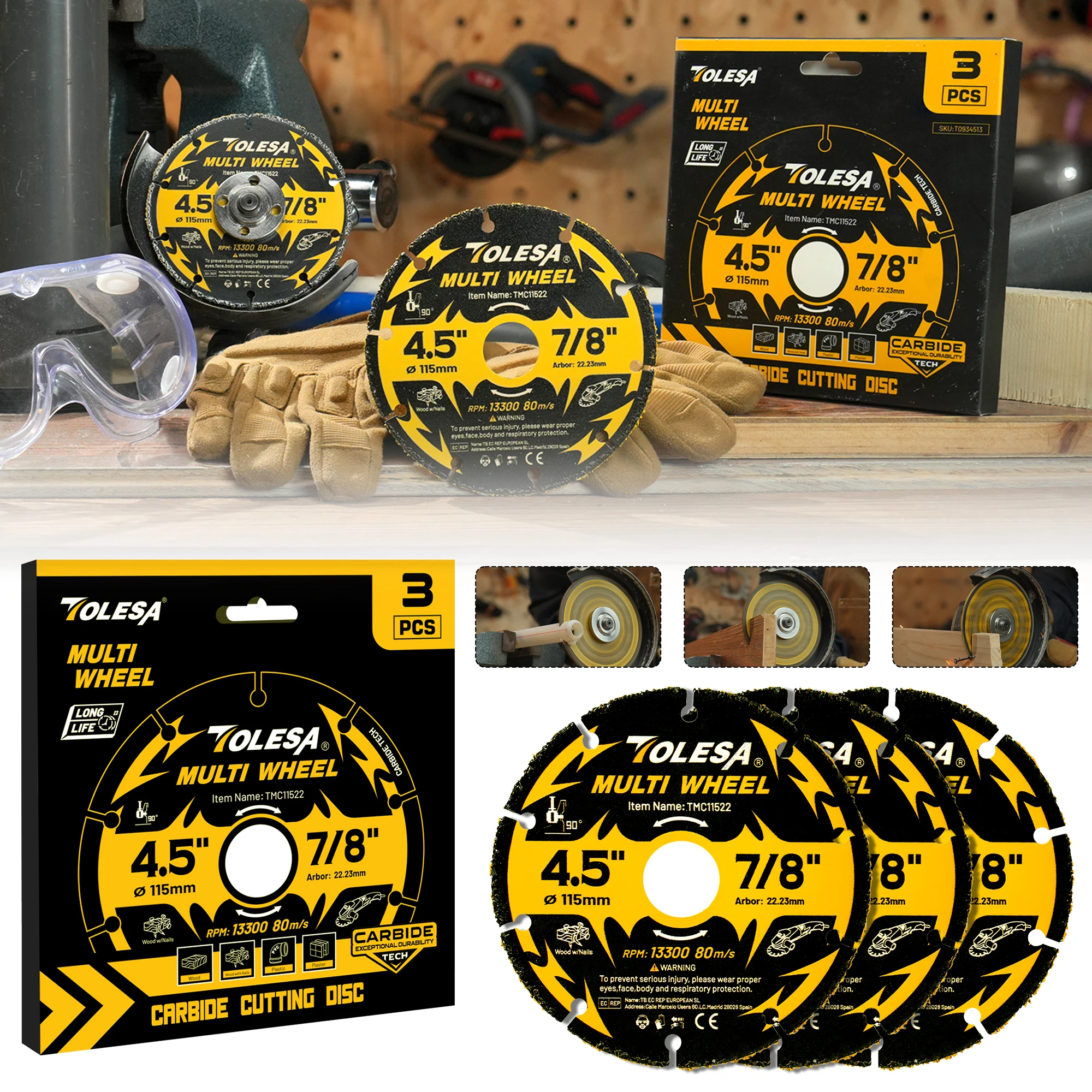 

TOLESA 3Pcs Carbide Cutting Disc 4.5Inch Cut Off Wheels Angle Grinder Cutting Wheel for Wood, Wood with Nails, Laminate, Plastic