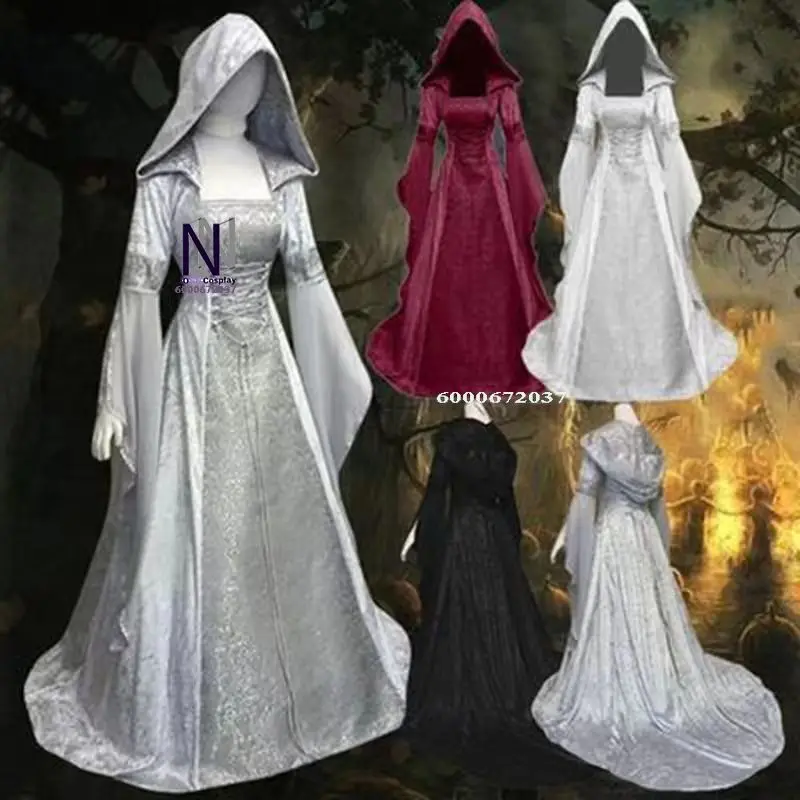 

2022 Medieval Retro Style Women's Cosplay Wedding Dress - 4-Color Hooded Waist Dress Coswear