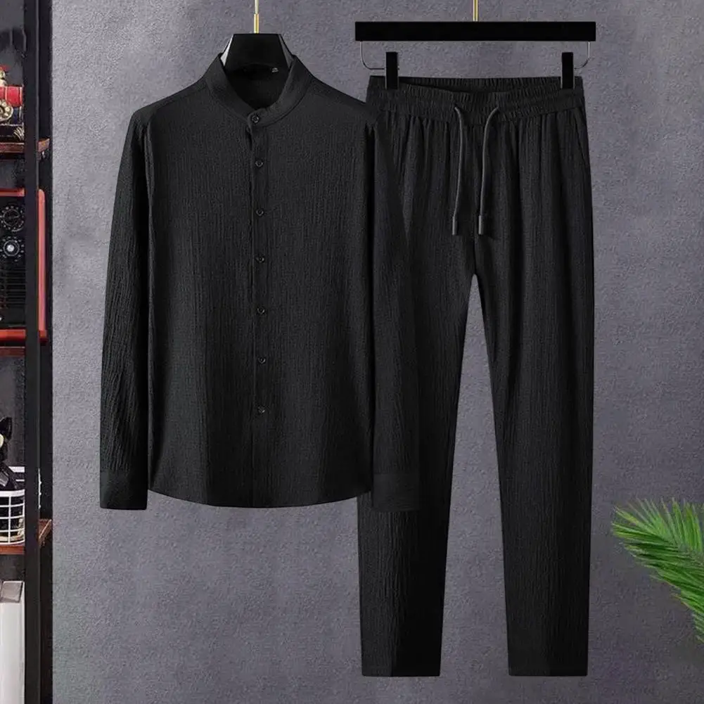 Elastic Waist Trousers Stylish Men's Shirt Pants Set Elastic Waist Wide Leg Stand Collar Plus Size Single-breasted for Fall