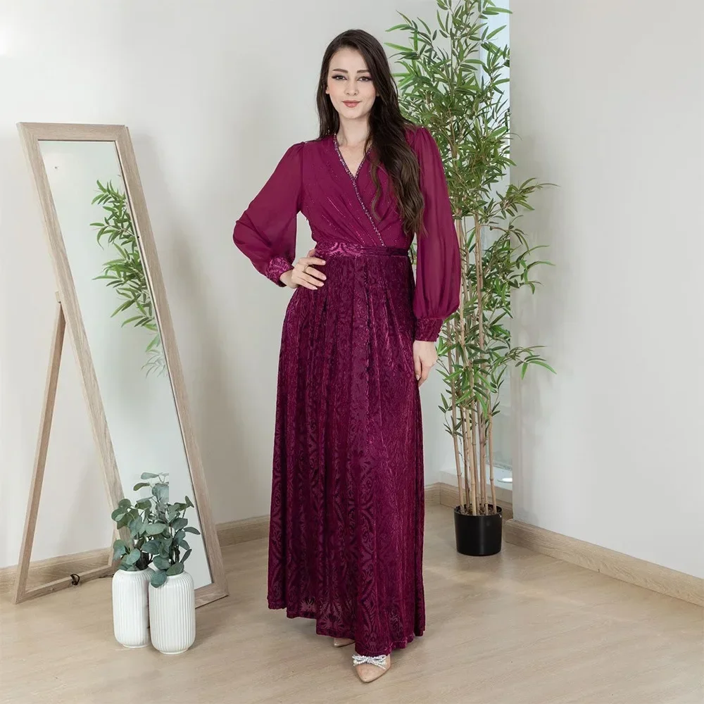 Velvet Chiffon Splicing Dress with Belt Muslim Diamond V-neck Abaya Women Eid Invisible Printing Vestidos Kaftan Islam Long Robe