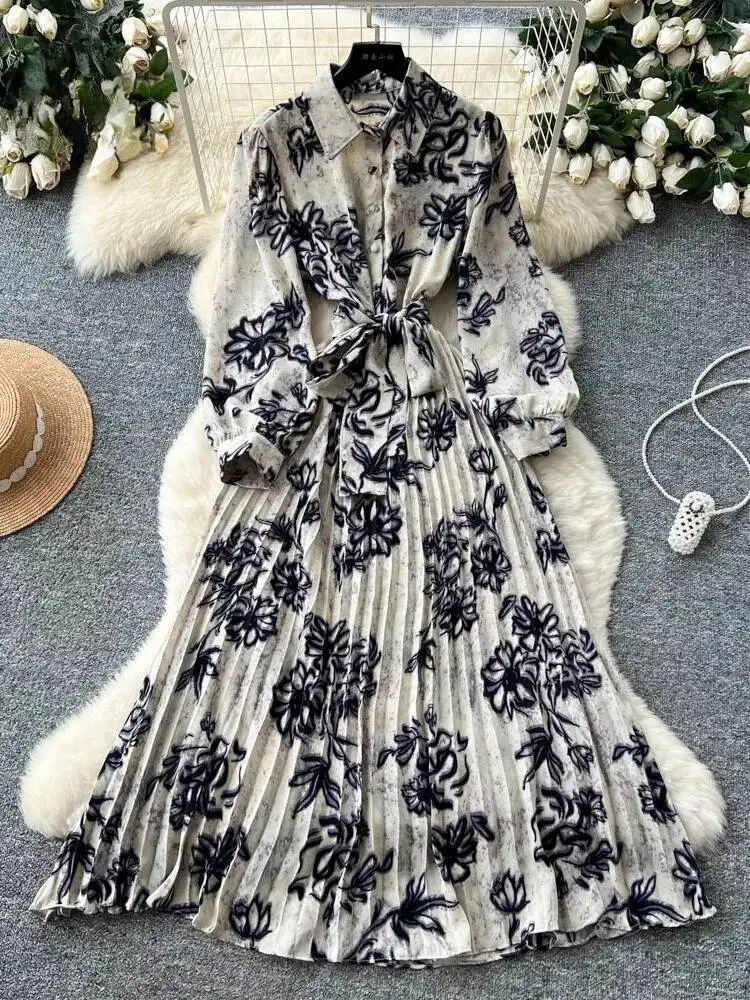 Women French Vintage Floral Dress Spring Autumn Strap Long Sleeved Shirt Dresses Ladies Elegant Lapel Mid Length Dress Vestidos