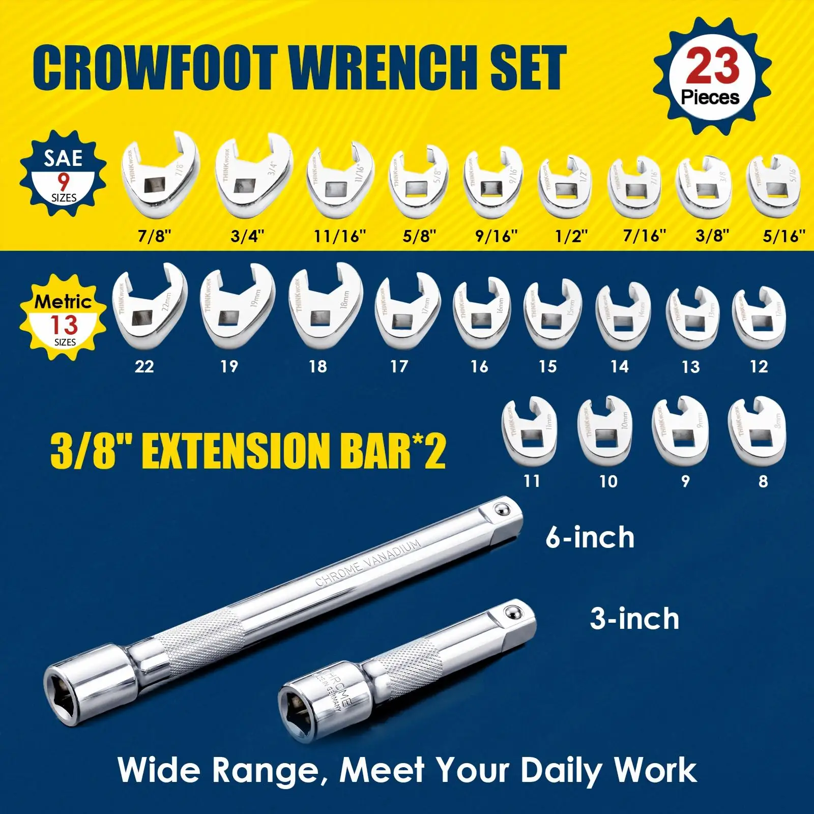 THINKWORK 24-Piece Crowfoot Wrench Set, Metric & SAE 3/8
