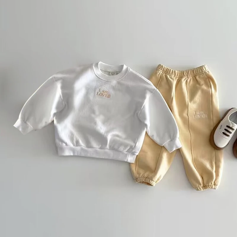 2025 New Spring and Autumn Letter Printed Girls Long sleeved Pullover Top Pure Cotton Boys Long sleeved Pants Set 0-6 Year Old