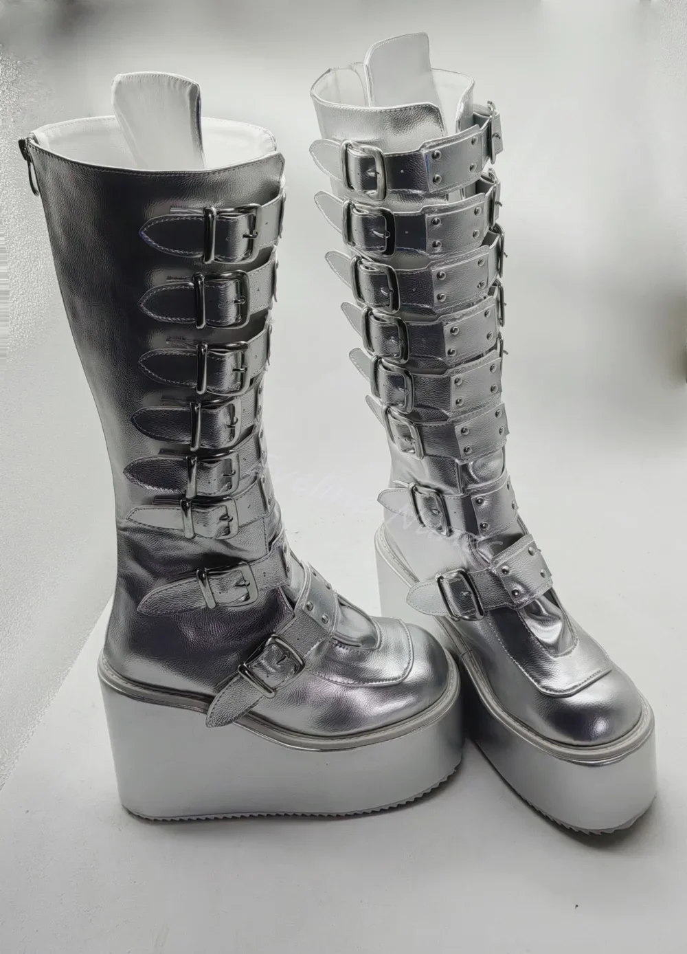 Silver Platform Wedges Knee High Boots Women Buckle Strap Mirror Boots Metallic Silver Daily Casual Dress Gothic Sexy Mary Jane