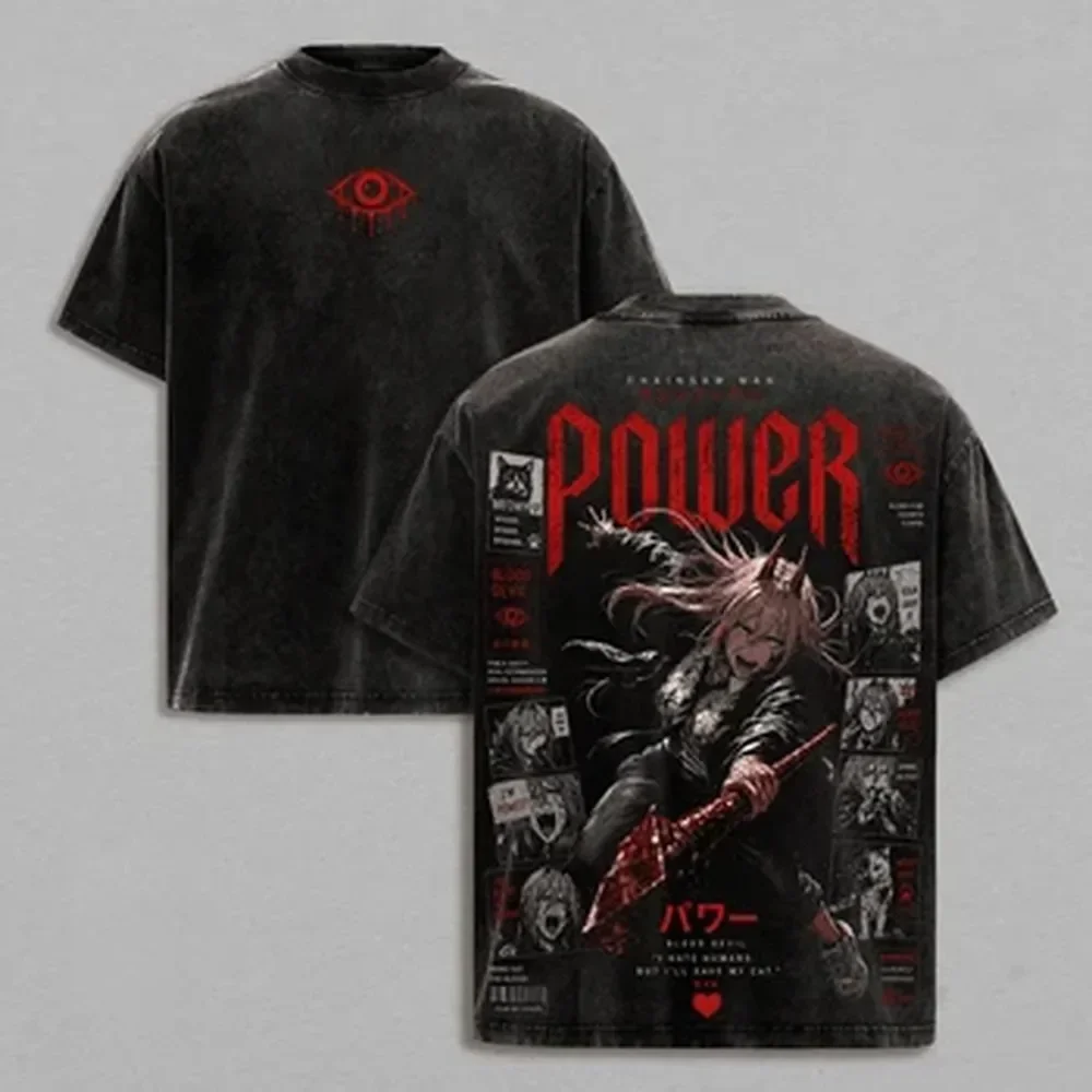 Power Chainsaw Man Anime T-shirt Manga Gothic Vintage Washed T Shirt Men Unisex Clothing Summer Harajuku Cotton Tees Clothes