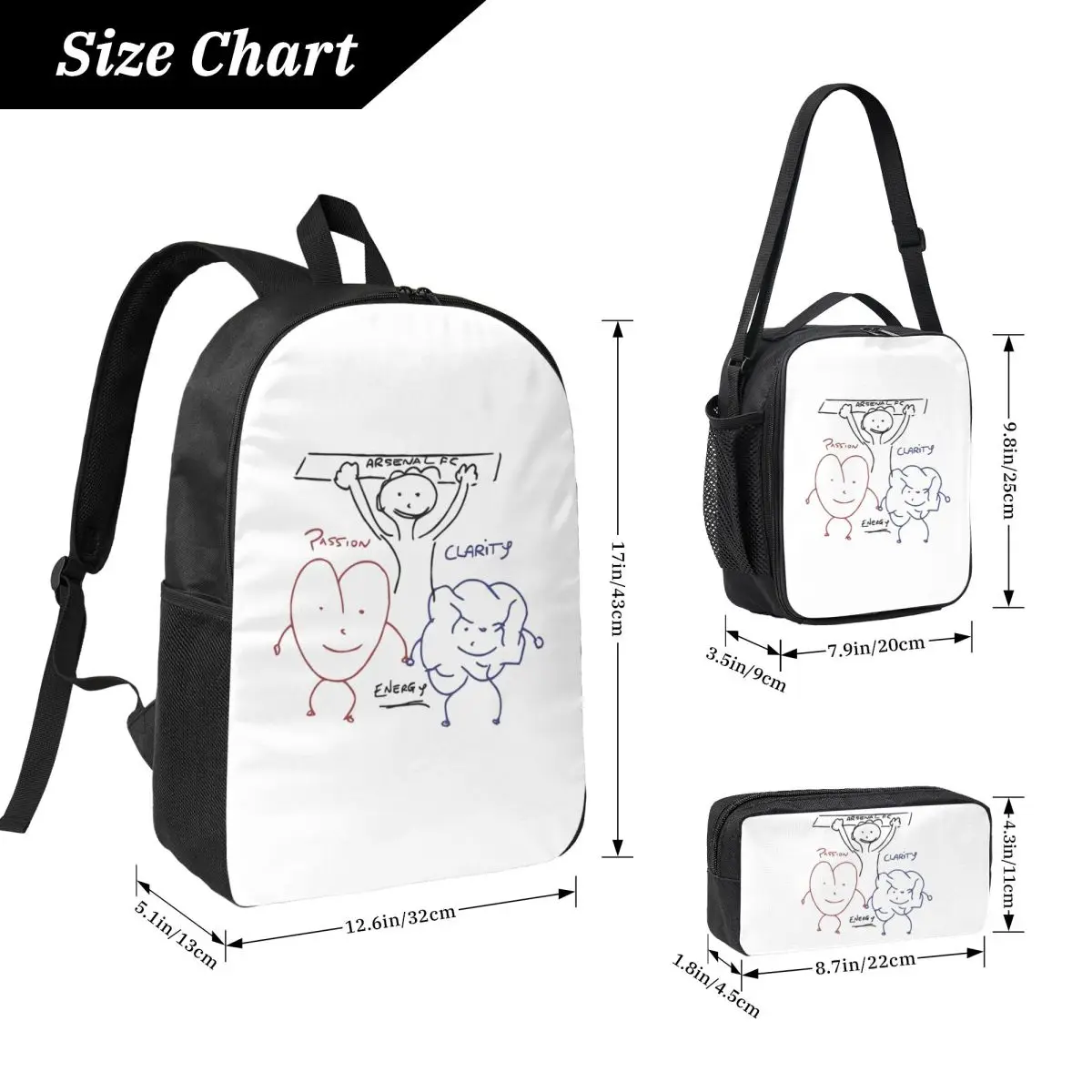 Arteta's Passion, Clarity And Energy Whiteboard Drawing Backpack BookBag School Bag Shoulder 3ps Insulated Lunch Bag Pencil Case