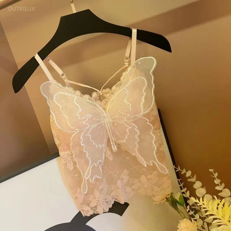 Lace Crop Tops Sexy Tanks Women's Clothing Temperament Camis Fashion Summer Korean Tees 2025 Ropa Mujer Butterfly Sweet Vest