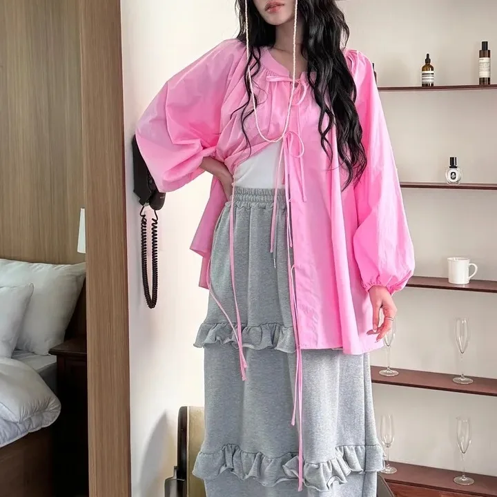 

Korean Chic Spring New Style Stand Collar Knot Belted Lantern Sleeve Cardigan Women's Casual Loose Fit Sun Protecti...