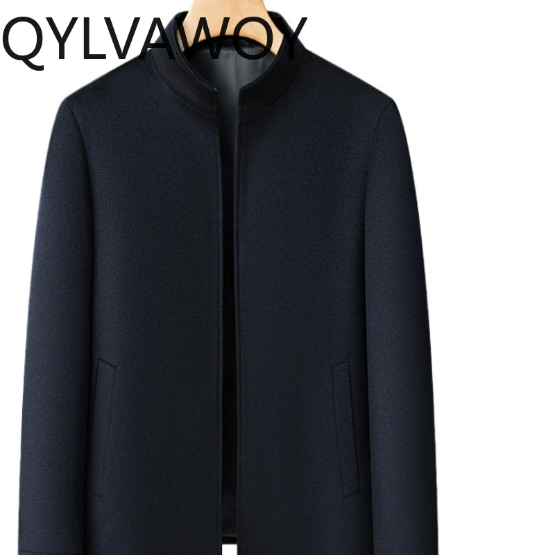 

QYLVAWOY весенне-осенняя новая мужская куртка из чистой шерсти с воротником-стойкой, шерстяная верхняя одежда для средних и пожилых людей, теплая и удобная LJ2741