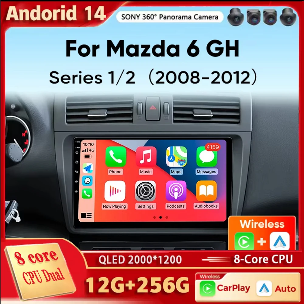 Android 14 Carplay Auto For Mazda 6 GH 2008 2009 2010 2011 2012 2012 Car Radio Multimedia Video Player Navigation GPS 4G WIFI