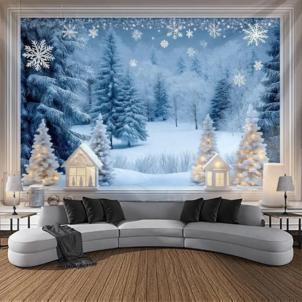 Winter Wonderland Snowy Window View Tapestry - Festive Holiday Wall Decor with Snowy Forest, Pine Trees & Snow-Covered Landscape