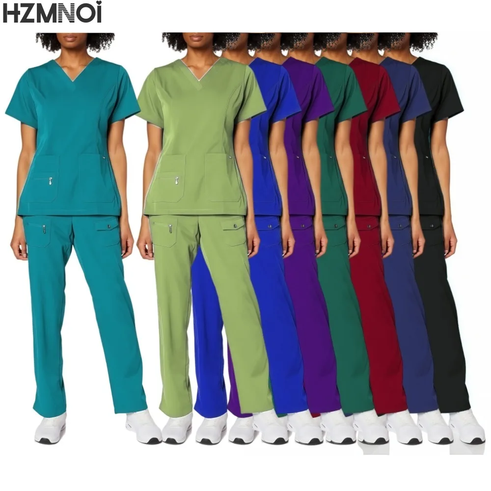 

New Nurse Uniforms Elatic Solid Tops Pants Woman Man Scrub Trousers Dental Vet Hospital Pet Clinic Medical Uniform Scrub Sets