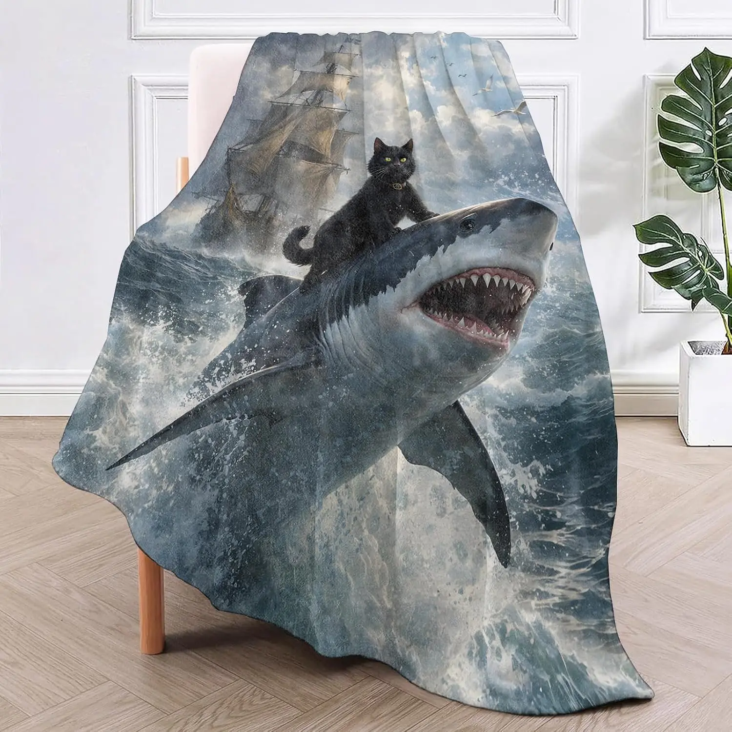 Large Flannel Throw Blanket Shark Cat Pirate Ship Nautical Ocean Print Polyester Fleece Cozy Winter Gift Home Decor Throw for Co
