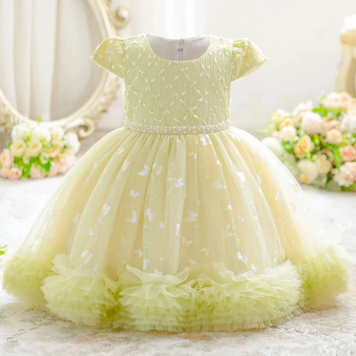 

Зеленое пышное платье с бабочками и блестками для маленьких девочек, детские платья принцессы на день рождения, детский костюм для свадебной церемонии, крестительный костюм