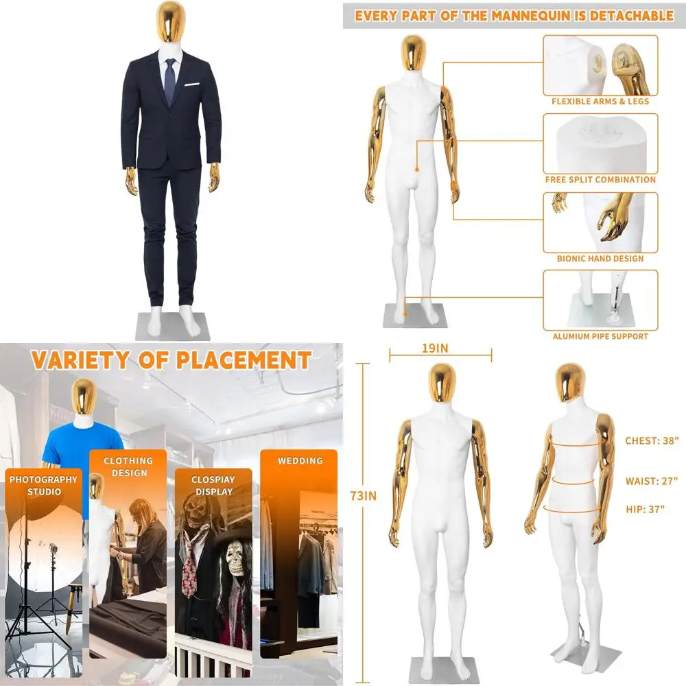 

Adjustable 73 Plastic Male Mannequin with Detachable Head, Metal Base, White Body, Gold Hands