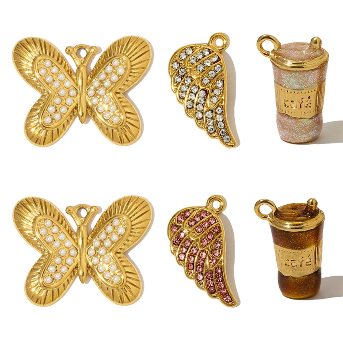 3pcs/Lot Fashion Stainless Steel Rhinestone Butterfly Necklace Pendants 3D Coffee Cup DIY Earring Charms Women Jewelry Wholesale