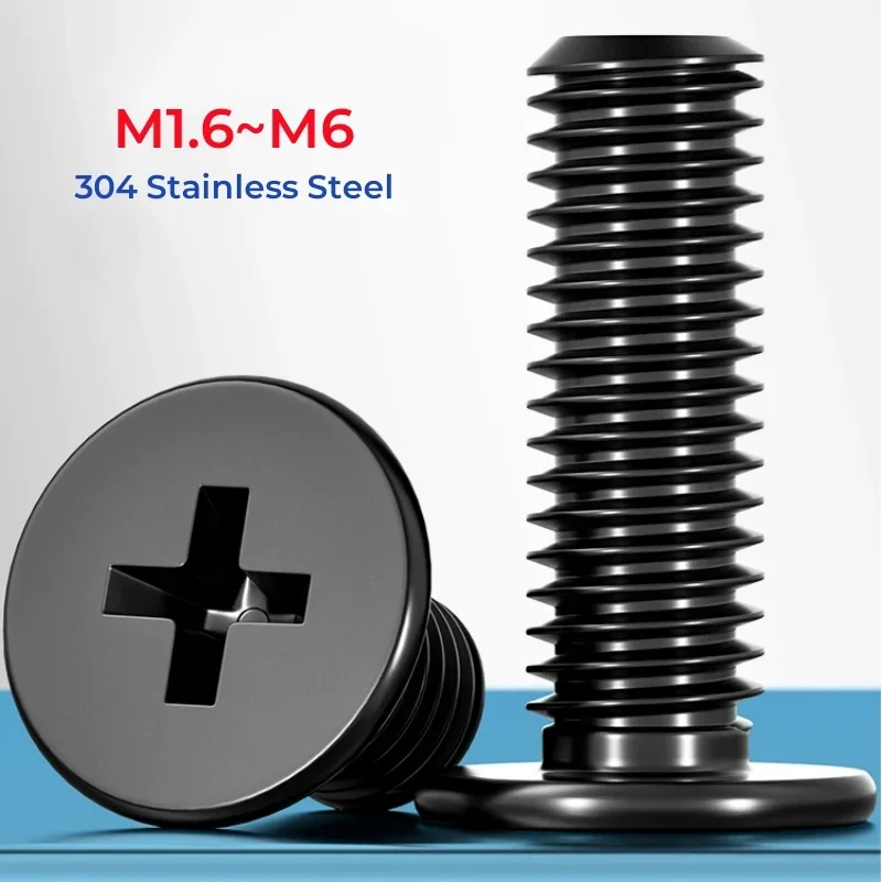 Phillips Super Low Head Bolt, Aço Inoxidável Preto 304, CM Ultrathin Cross, Parafuso de Cabeça Wafer, M1.6, M2, M2.5, M3, M4, M5, M6