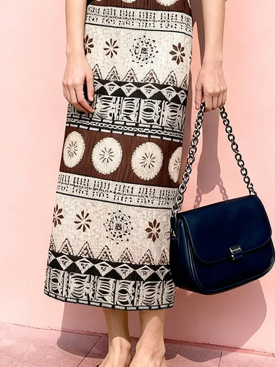 Retro Ethnic Print Half Skirt Women's Summer New High Waist Slimming Versatile Midi Skirt High-End Feeling Pleated Skirt