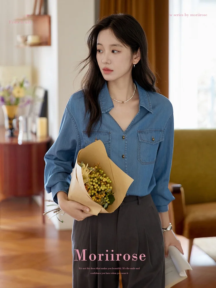 

Moriirose Waed Denim Long Sve Lyocell Cotton Linen irt Women's Autumn Vintage Loose Top Breathable Comfortable Casual ...