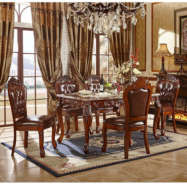 European Antique Dining Table Chairs Set Classical Royal Luxury Solid Wood Vintage Dining Room Furniture Full Sets for Home