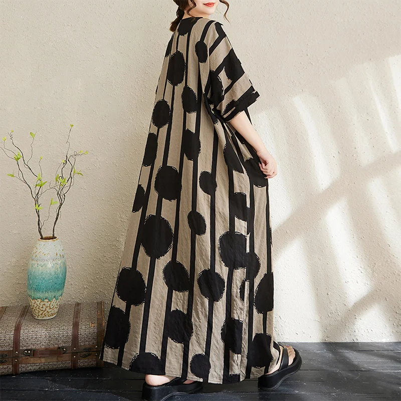 Vestido de Mujer de Talla ande, Estilo Original de Alta Gama, Manga Corta, Cuello en V, Lino de Aodón Fino Estampado, Hol...