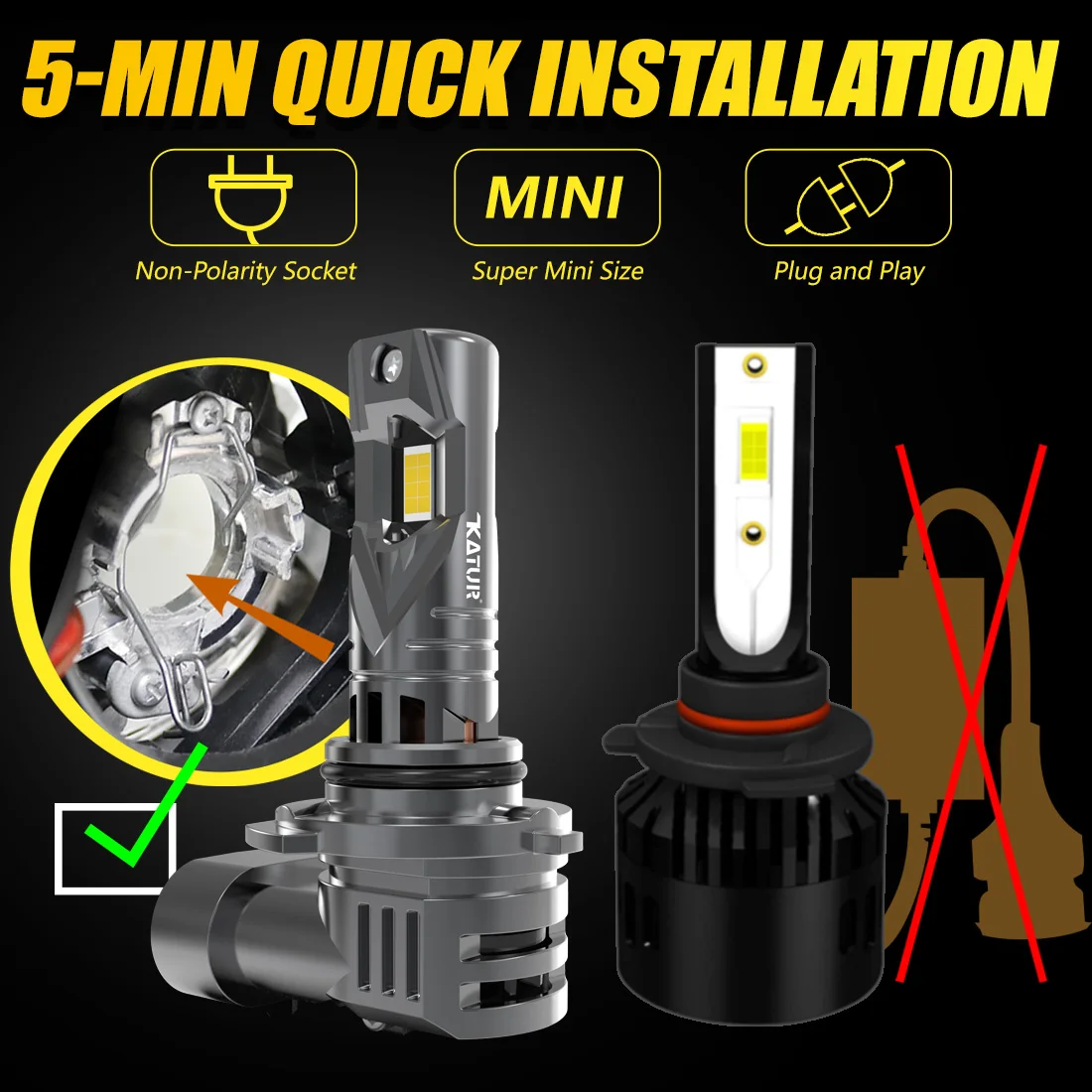 Katur 2x 9006 HB4 LED-Autoscheinwerfer, 100 W Glühbirne, Xenon, 6000 K, 20000 lm, weiße Turbo-Diodenlampen mit Lüfter, DRL, superhell, hohe Leistung – Detail 6