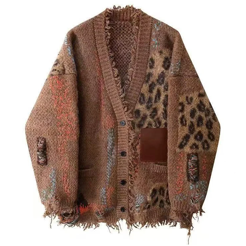 

Y2k женский сращенный винтажный леопардовый свободный вязаный кардиган с длинными рукавами зимняя мода с v-образным вырезом мужской длинный свитер одежда женская