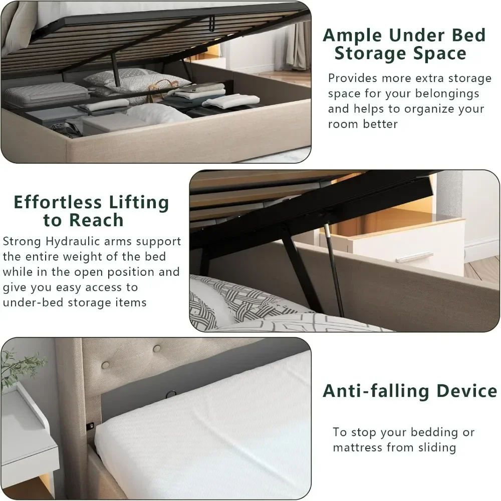 King Lift Up Bed Frame with Charging Station & LED Lights, Upholstered Bed with   Storage Headboard, Hydraulic StorageZL