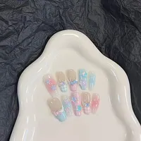 Pink Blue Stars Convenience Store Handmade Wearable Nails Summer Macaron French Nail Art Sweet Cute Dreamy Bow Blush Fake Nails