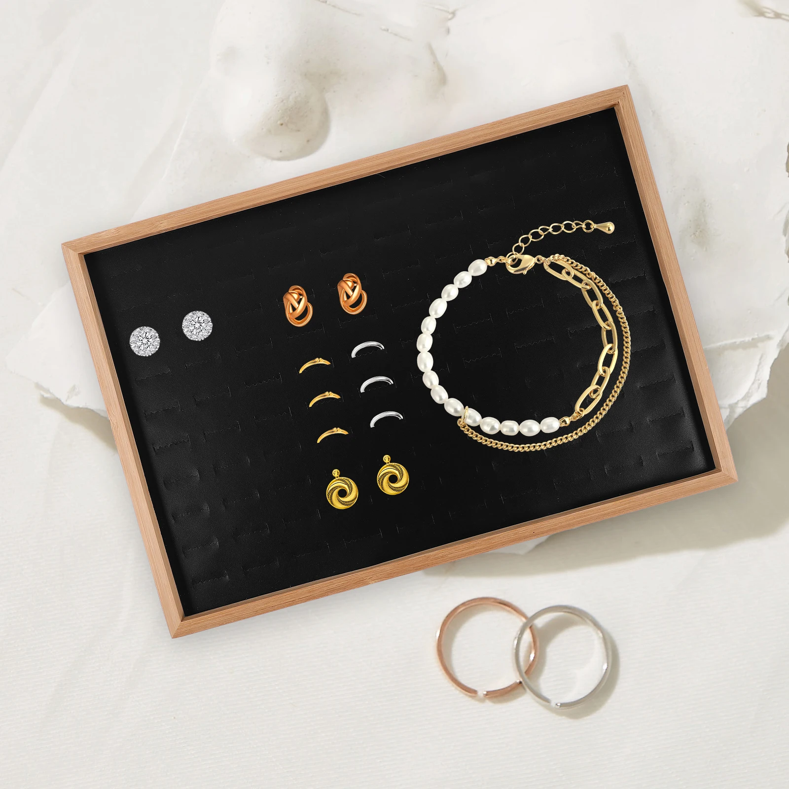 

Valet Bamboo Ring Tray Holder for Women Display Storage Organizer Black Jewelry Organizers
