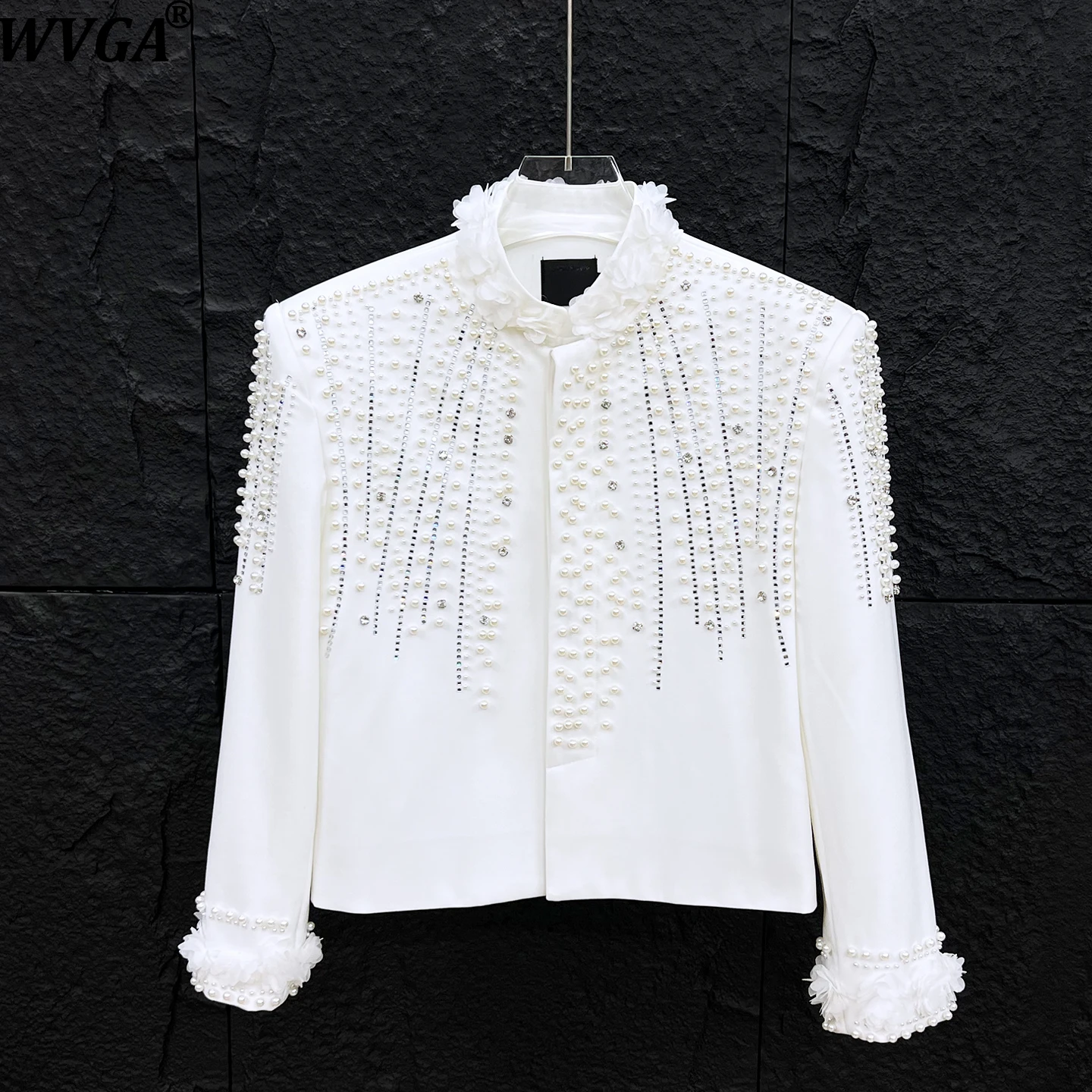 

WVGA, осенне-зимняя новая мужская модная короткая куртка с бисером и бриллиантами, нишевая шикарная повседневная трехмерная кружевная куртка Ins Y2K W13882