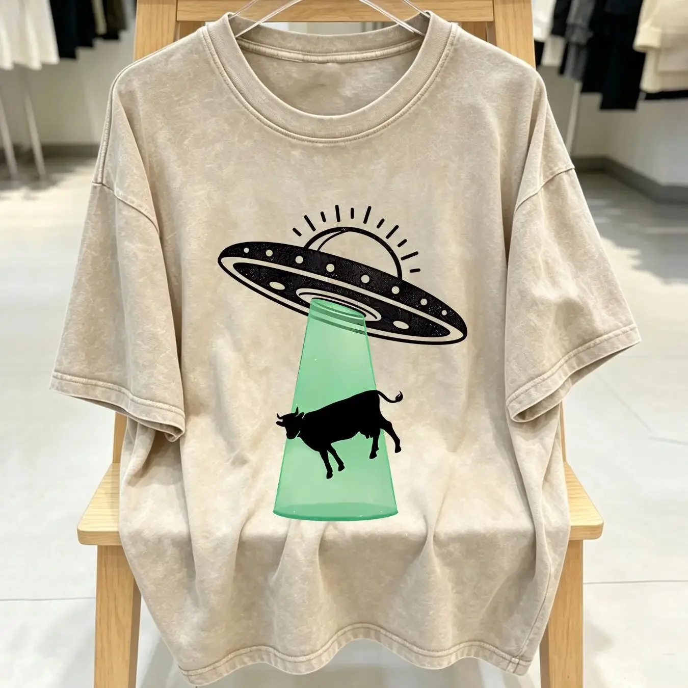 washed T Shirt Cosmic Society UFO Alien Abduction Kids Youth Beam Flying Cow Toddler vintage Washed Unisex Casual homme graphic