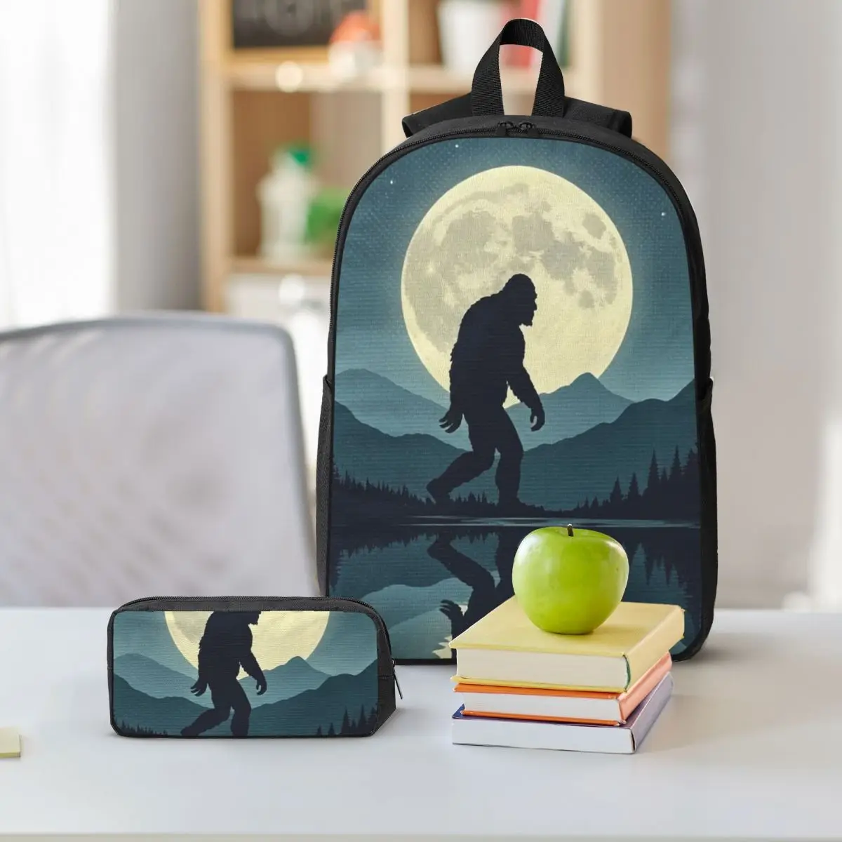 Bigfoot Standing In The Middle Of A Lake Backpack Student BookBag School Bag Shoulder Bags 3ps Insulated Lunch Bag Pencil Case