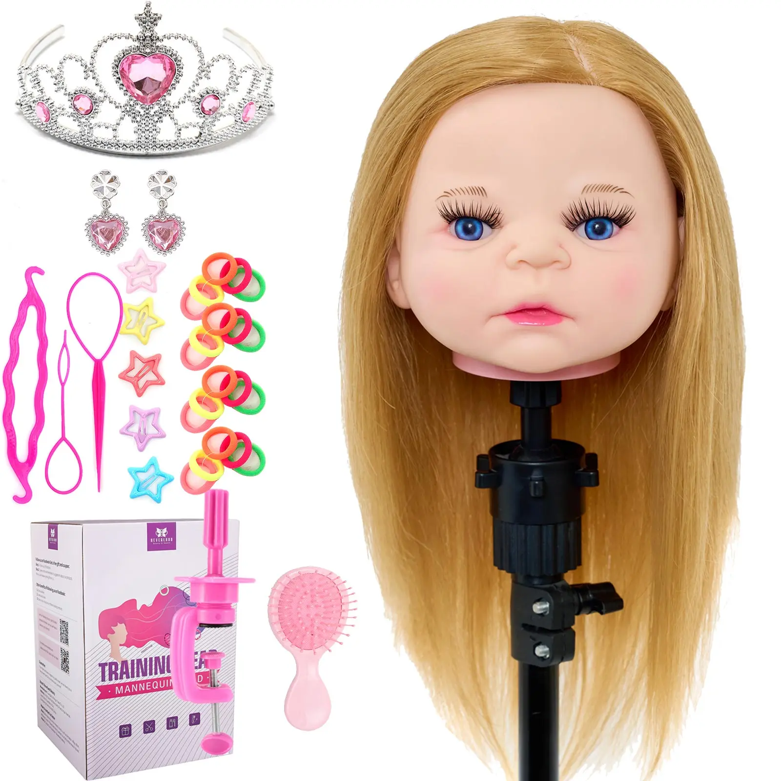 

14inch Real Human Hair Baby Mannequin Heads Training Head Practice Style Hairdressing Dolls With Set