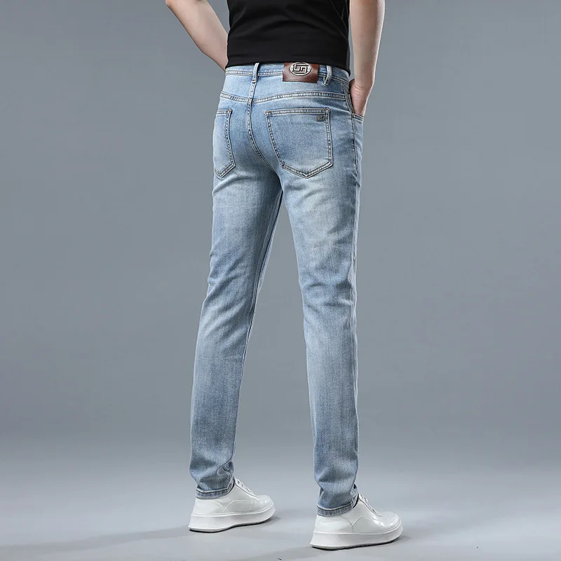 Pantalones vaqueros azules ligeros de lujo de alta gama para hombres, moda simple, pantalones elásticos casuales delgados para oficina, verano, nuevo, 2024