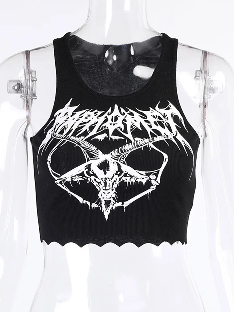 

Women's crop top, tight fitting sleeveless Gothic knit punk black vest, goat print Harajuku streetwear