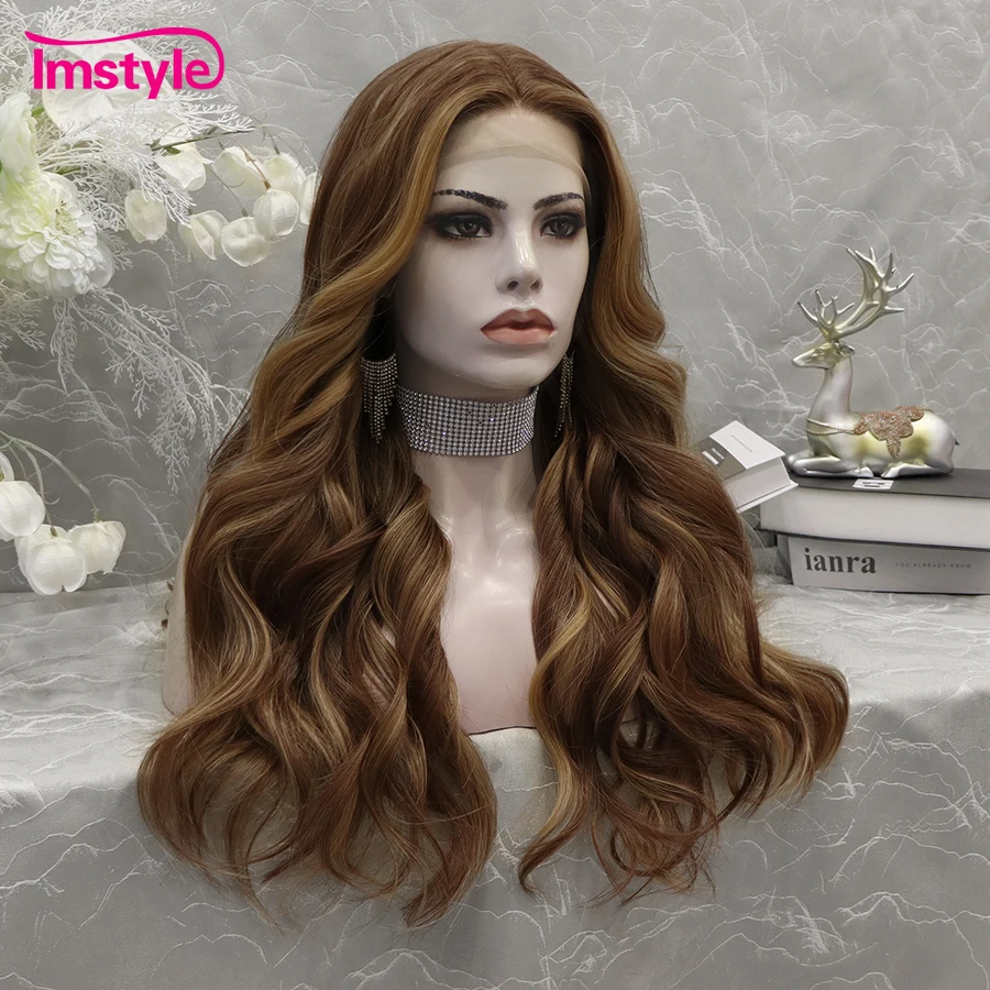 Imstyle-peluca sintética con malla frontal para mujer, postizo de fibra resistente al calor, ondulado Natural, color marrón